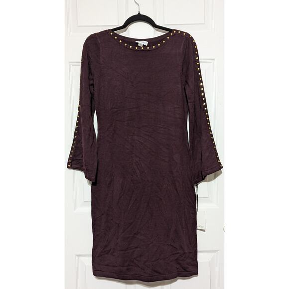 Calvin Klein Dress Womens Small Burgundy Studded Sweater Sheath 3/4 Bell Sleeve - Picture 4 of 10